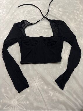 Black Long-Sleeve Mesh Crop Top